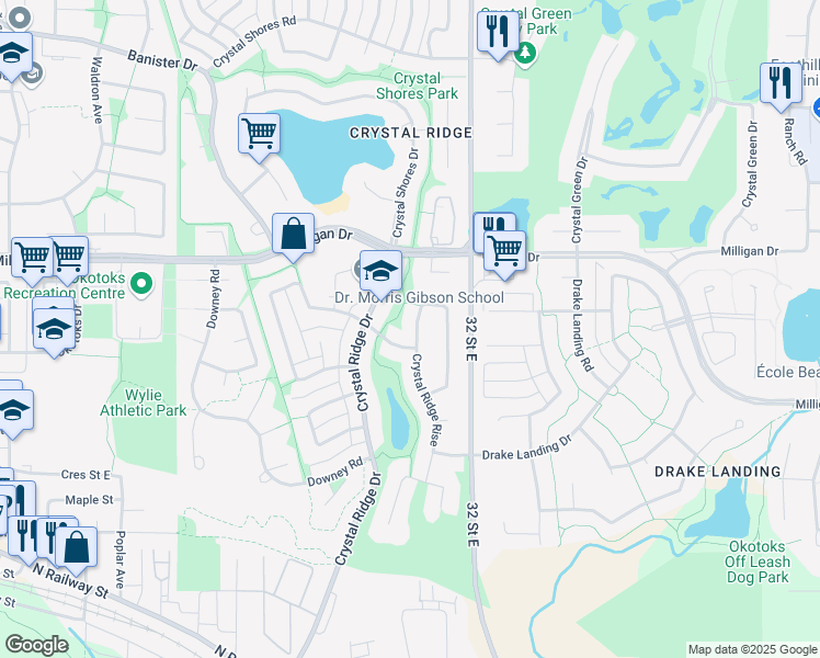map of restaurants, bars, coffee shops, grocery stores, and more near 8 Crystal Ridge Close in Okotoks