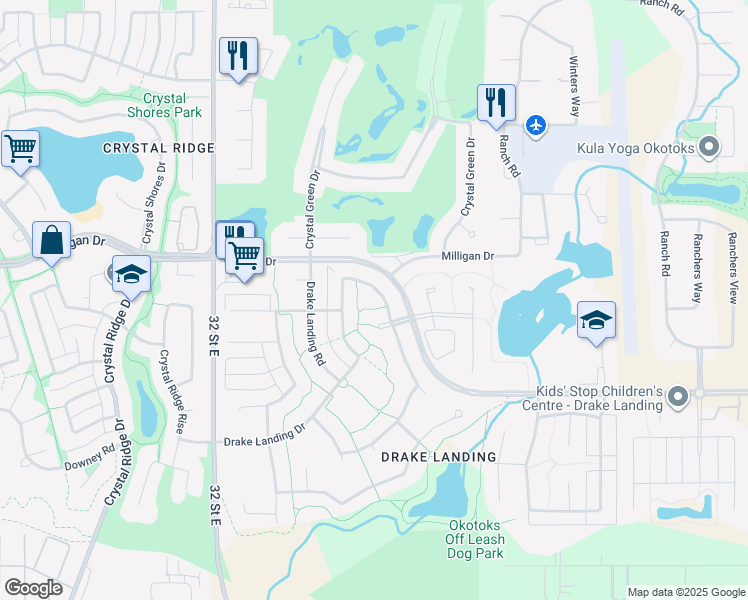 map of restaurants, bars, coffee shops, grocery stores, and more near 70 Drake Landing Way in Okotoks