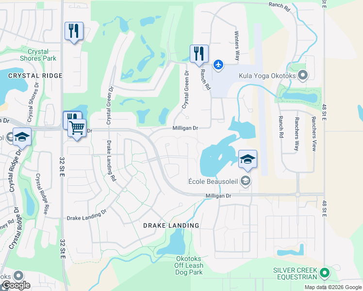 map of restaurants, bars, coffee shops, grocery stores, and more near 26 Drake Landing Heights in Okotoks
