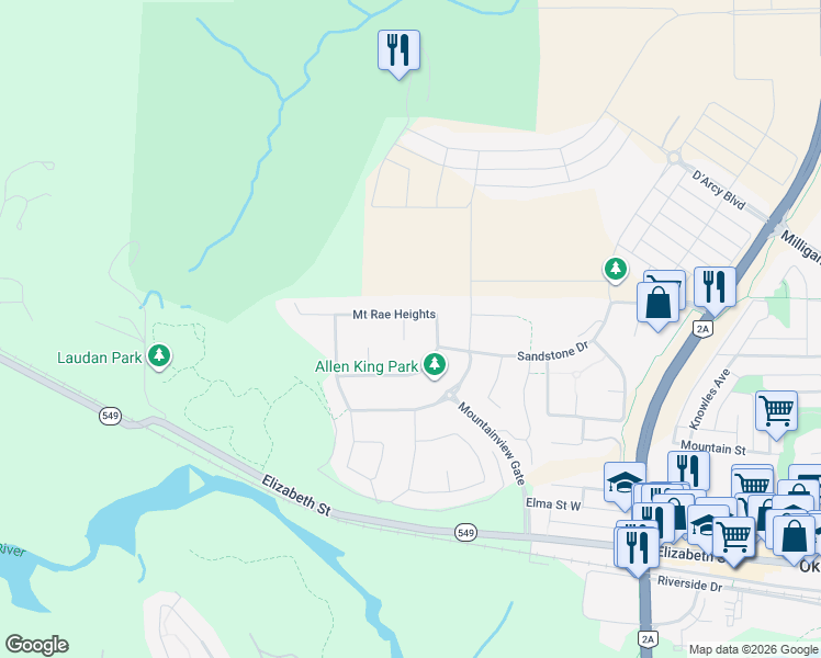 map of restaurants, bars, coffee shops, grocery stores, and more near 32 Mount Rae Place in Okotoks