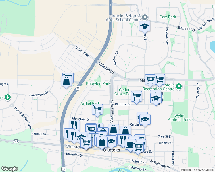 map of restaurants, bars, coffee shops, grocery stores, and more near 12 Alcock Close in Okotoks