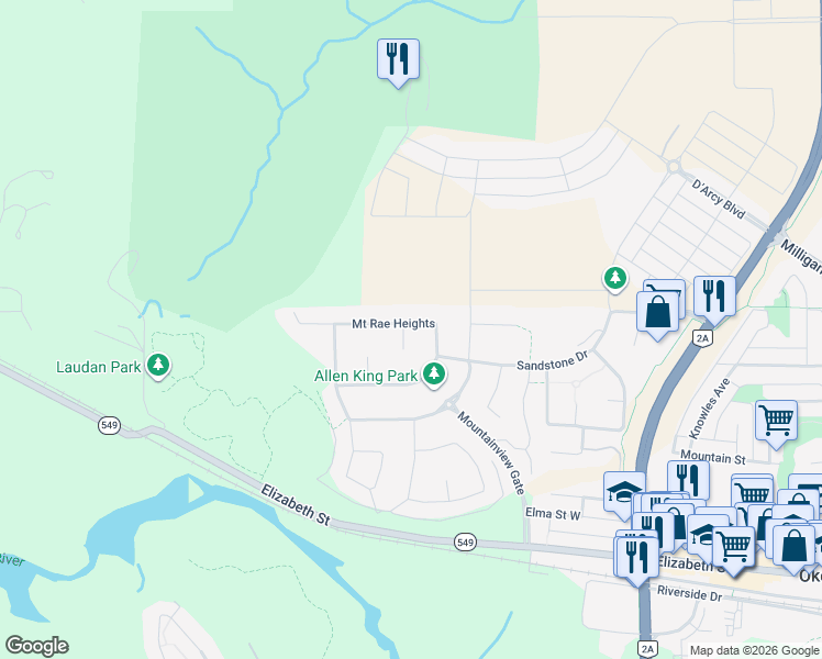 map of restaurants, bars, coffee shops, grocery stores, and more near 32 Mount Rae Place in Okotoks