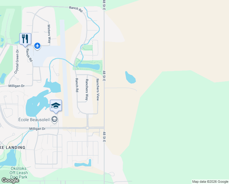 map of restaurants, bars, coffee shops, grocery stores, and more near 354002 48 Street East in Okotoks