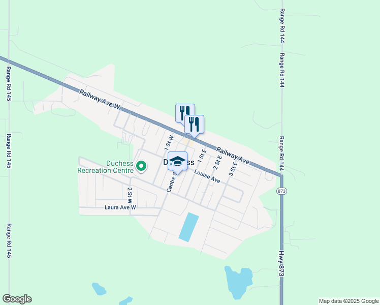 map of restaurants, bars, coffee shops, grocery stores, and more near 122 1 Street East in Duchess