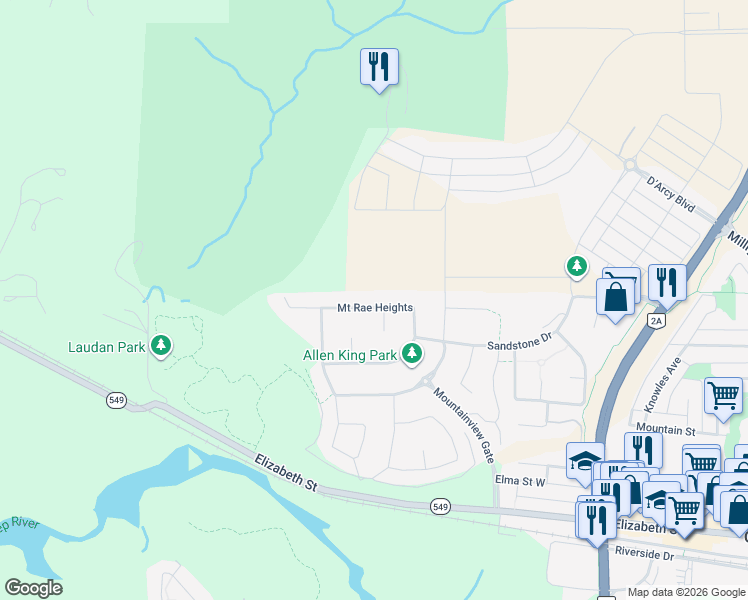 map of restaurants, bars, coffee shops, grocery stores, and more near 90 Mount Rae Heights in Okotoks