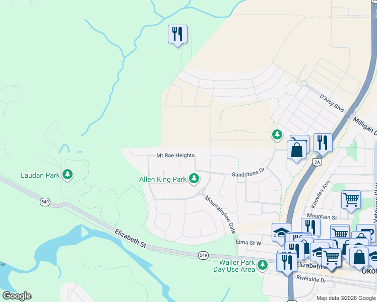 map of restaurants, bars, coffee shops, grocery stores, and more near 32 Mount Rae Place in Okotoks