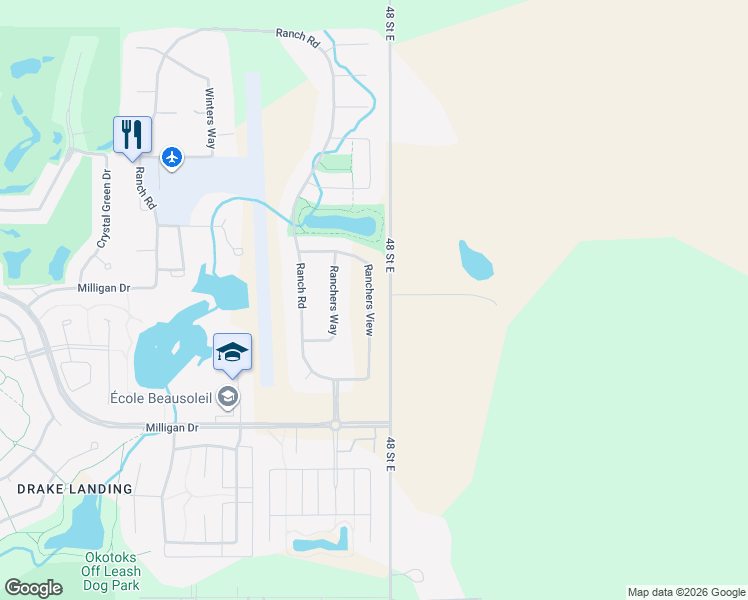 map of restaurants, bars, coffee shops, grocery stores, and more near 354002 48 Street East in Okotoks