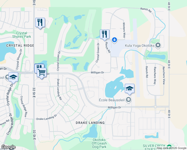 map of restaurants, bars, coffee shops, grocery stores, and more near 26 Drake Landing Heights in Okotoks