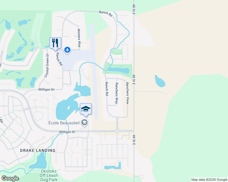 map of restaurants, bars, coffee shops, grocery stores, and more near 187 Ranch Road in Okotoks