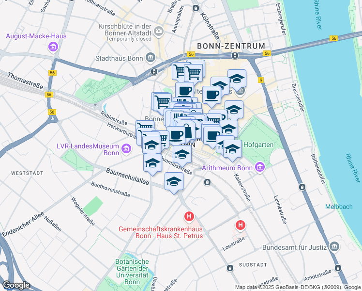 map of restaurants, bars, coffee shops, grocery stores, and more near 6 Am Hauptbahnhof in Bonn