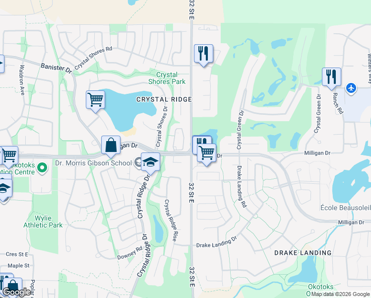 map of restaurants, bars, coffee shops, grocery stores, and more near 100 Crystal Shores Cove in Okotoks