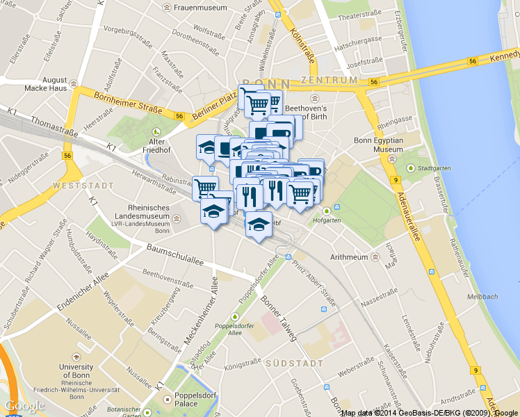 map of restaurants, bars, coffee shops, grocery stores, and more near 6 Am Hauptbahnhof in Bonn