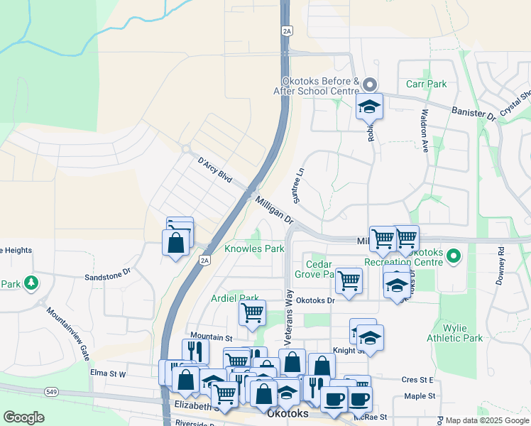 map of restaurants, bars, coffee shops, grocery stores, and more near 38 Alcock Close in Okotoks