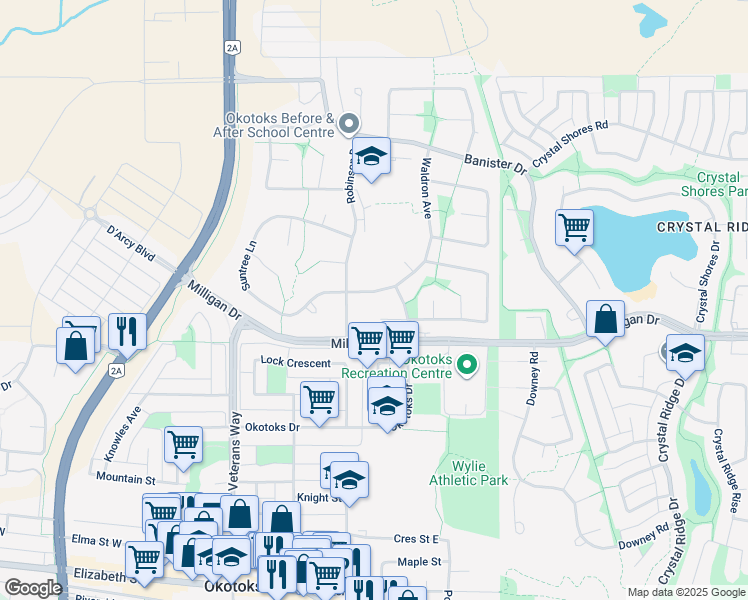 map of restaurants, bars, coffee shops, grocery stores, and more near 104 Waldron Avenue in Okotoks