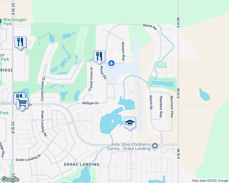 map of restaurants, bars, coffee shops, grocery stores, and more near Rowland Lane in Okotoks