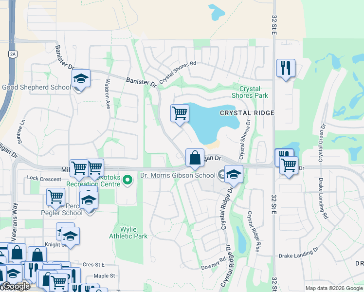 map of restaurants, bars, coffee shops, grocery stores, and more near 399 Banister Drive in Okotoks