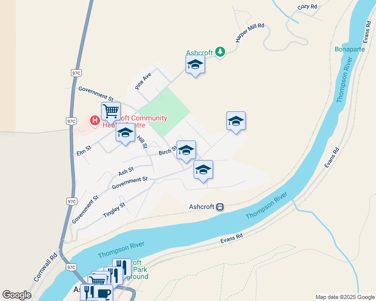 map of restaurants, bars, coffee shops, grocery stores, and more near 1258 Brunswick Place in Ashcroft
