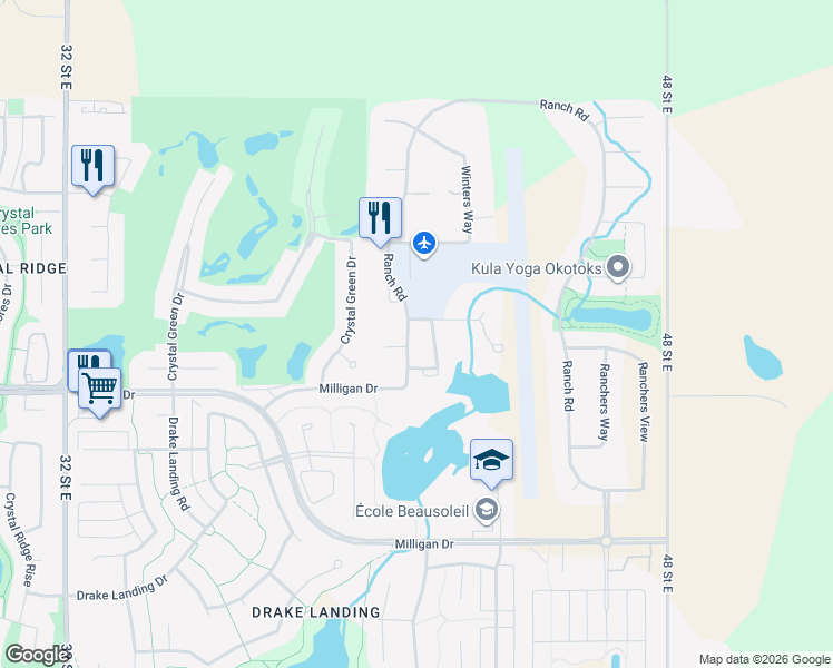 map of restaurants, bars, coffee shops, grocery stores, and more near 3 Rowland Lane in Okotoks