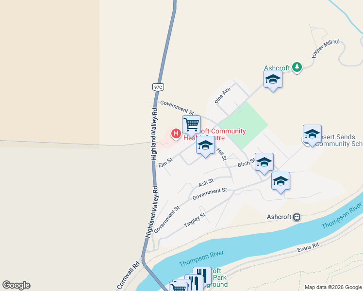 map of restaurants, bars, coffee shops, grocery stores, and more near 710 Elm Street in Ashcroft