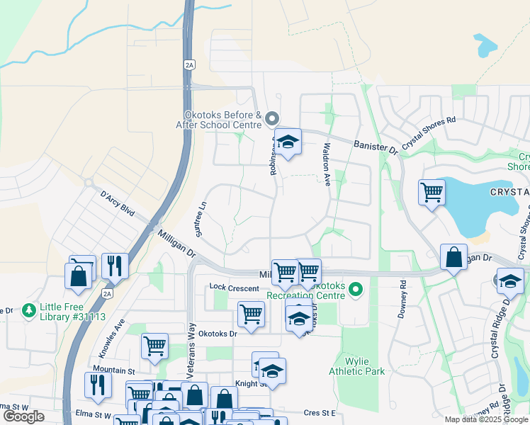 map of restaurants, bars, coffee shops, grocery stores, and more near 26 Robinson Drive in Okotoks