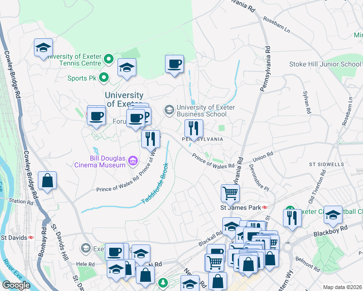 map of restaurants, bars, coffee shops, grocery stores, and more near Prince of Wales Road in Devon