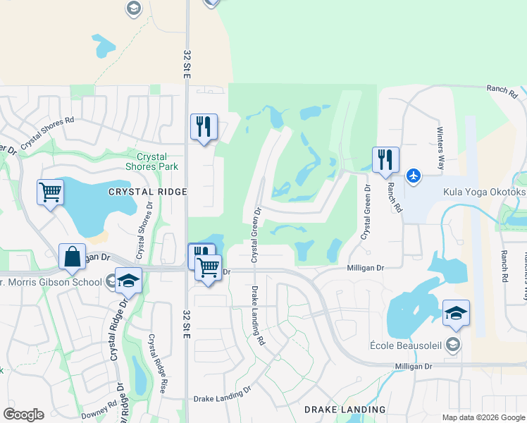 map of restaurants, bars, coffee shops, grocery stores, and more near 33 Crystal Green Drive in Okotoks
