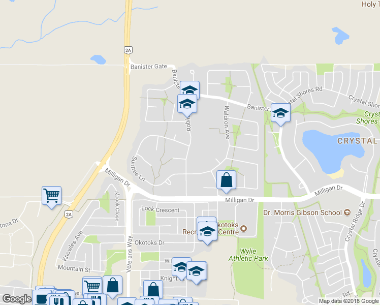 map of restaurants, bars, coffee shops, grocery stores, and more near 26 Robinson Drive in Okotoks