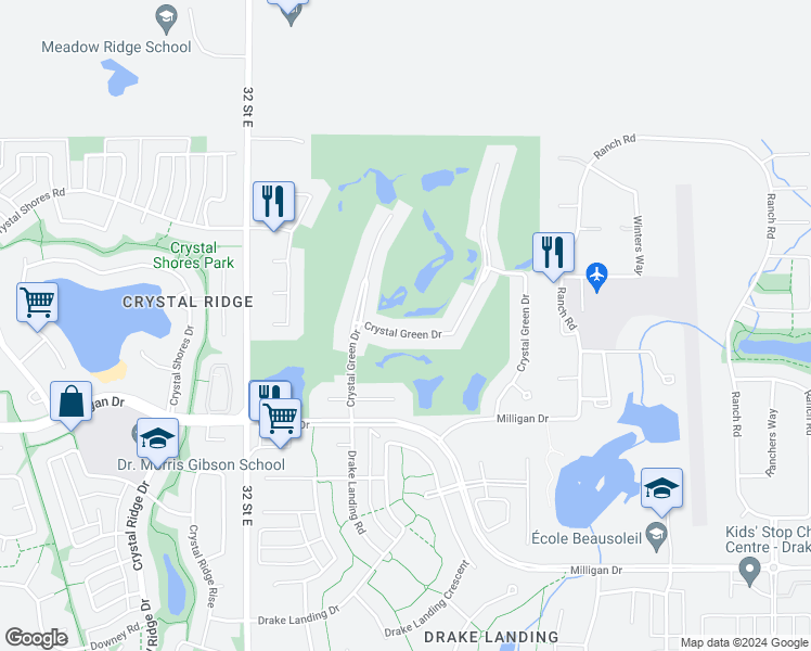 map of restaurants, bars, coffee shops, grocery stores, and more near 60 Crystal Green Drive in Okotoks
