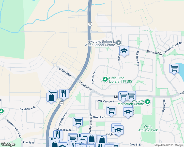 map of restaurants, bars, coffee shops, grocery stores, and more near 57 Suntree Lane in Okotoks