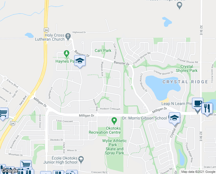 map of restaurants, bars, coffee shops, grocery stores, and more near 102 Thorson Crescent in Okotoks
