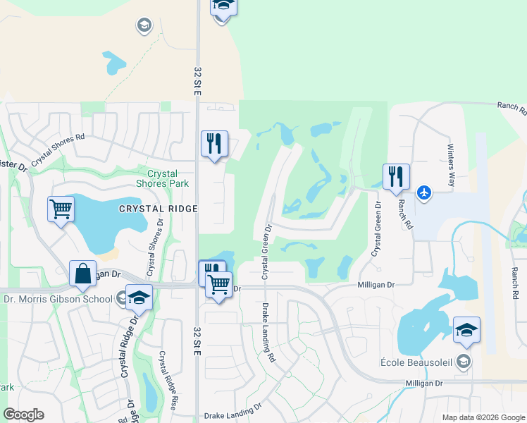 map of restaurants, bars, coffee shops, grocery stores, and more near 33 Crystal Green Drive in Okotoks