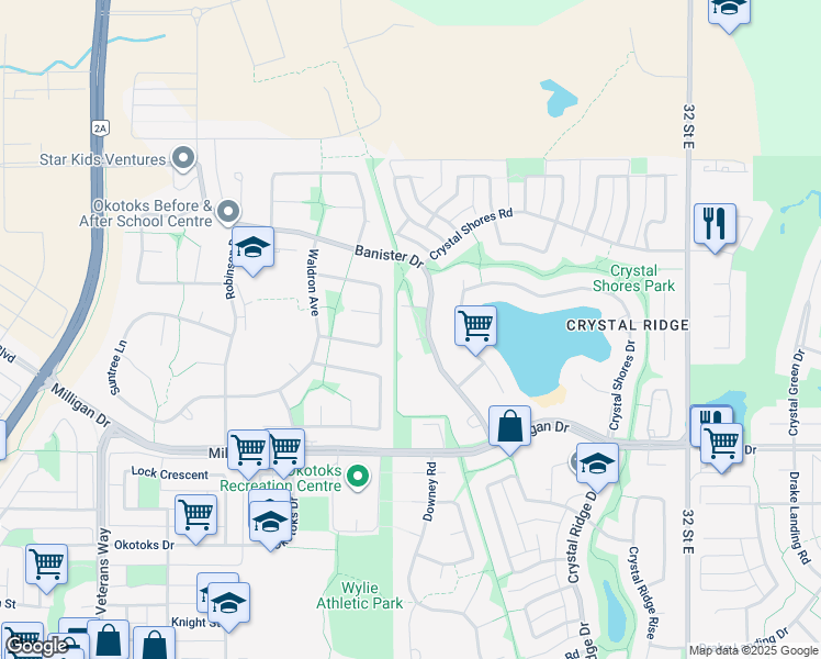 map of restaurants, bars, coffee shops, grocery stores, and more near 13 Crystal Shores Mews in Okotoks