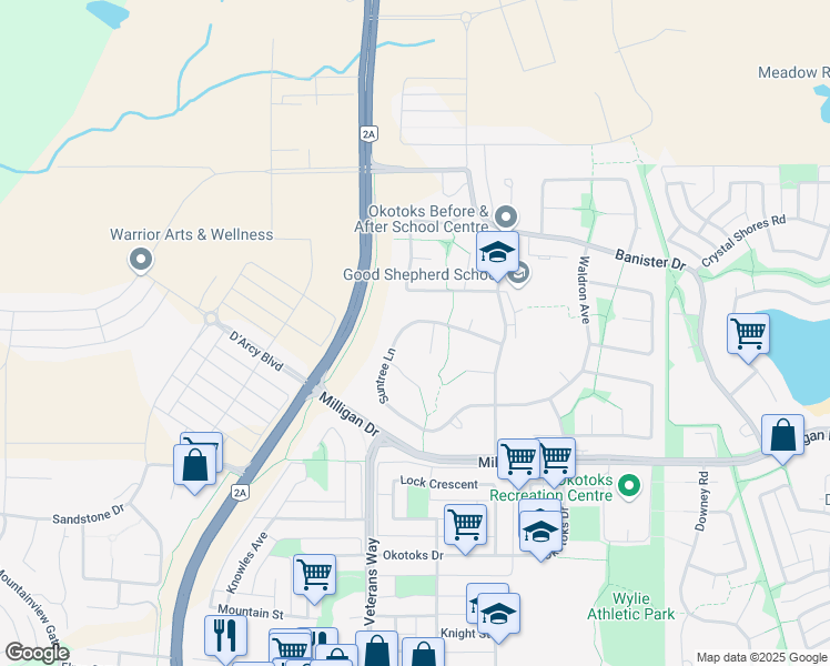map of restaurants, bars, coffee shops, grocery stores, and more near 70 Suntree Lane in Okotoks