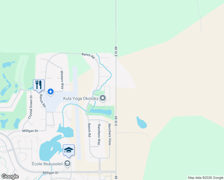 map of restaurants, bars, coffee shops, grocery stores, and more near 23 Ranchers Crescent in Okotoks