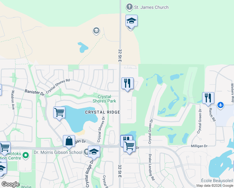 map of restaurants, bars, coffee shops, grocery stores, and more near 2 Crystal Green Way in Okotoks