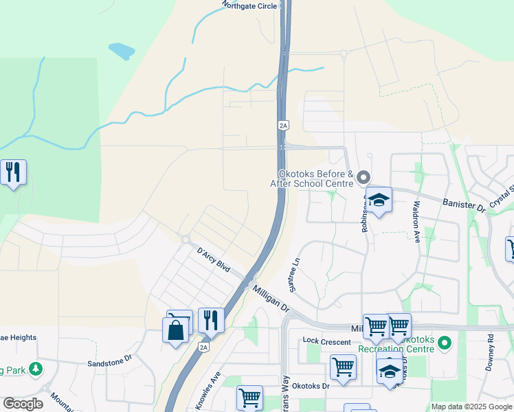 map of restaurants, bars, coffee shops, grocery stores, and more near 43 Avens Way in Okotoks
