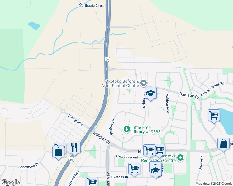 map of restaurants, bars, coffee shops, grocery stores, and more near 49 Sunset Crescent in Okotoks