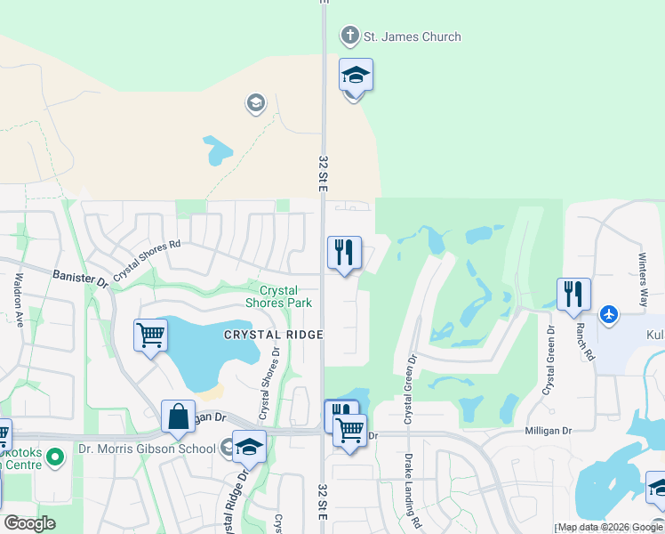 map of restaurants, bars, coffee shops, grocery stores, and more near 2 Crystal Green Way in Okotoks