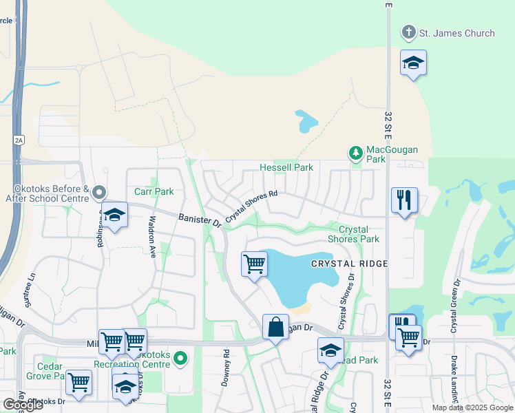map of restaurants, bars, coffee shops, grocery stores, and more near 21 Crystal Shores Road in Okotoks