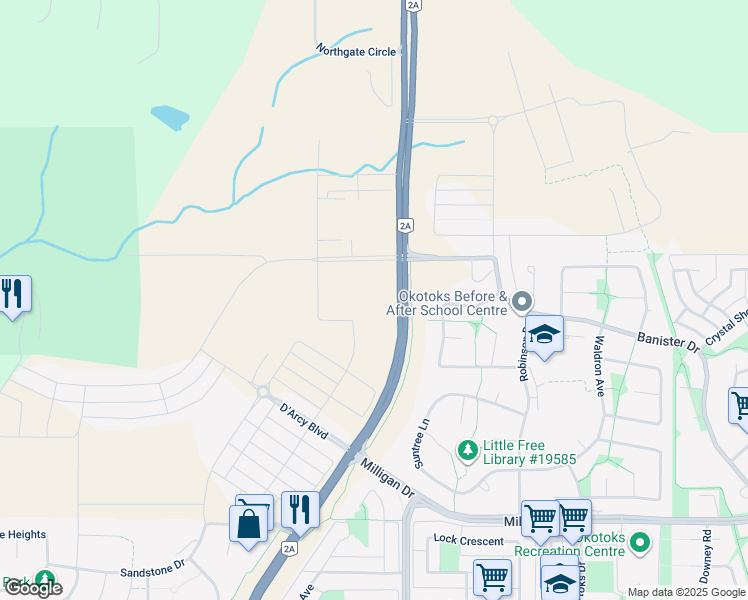 map of restaurants, bars, coffee shops, grocery stores, and more near 49 Sunset Crescent in Okotoks