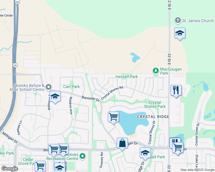 map of restaurants, bars, coffee shops, grocery stores, and more near 32 Crystal Shores Crescent in Okotoks