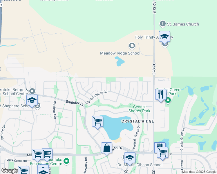 map of restaurants, bars, coffee shops, grocery stores, and more near 8 Crystal Shores Hill in Okotoks