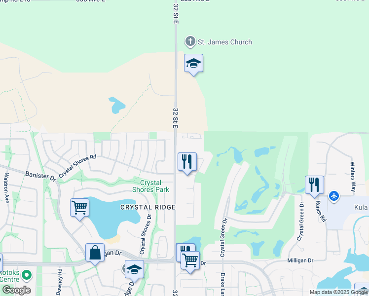 map of restaurants, bars, coffee shops, grocery stores, and more near 1 Crystal Green Lane in Okotoks