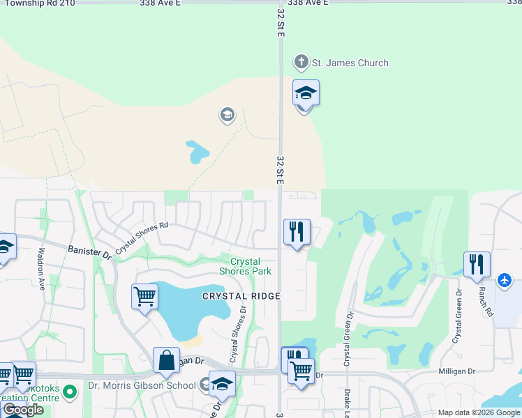 map of restaurants, bars, coffee shops, grocery stores, and more near 92 Crystal Shores Road in Okotoks