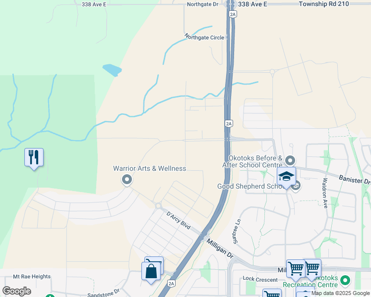 map of restaurants, bars, coffee shops, grocery stores, and more near 43 Avens Way in Okotoks