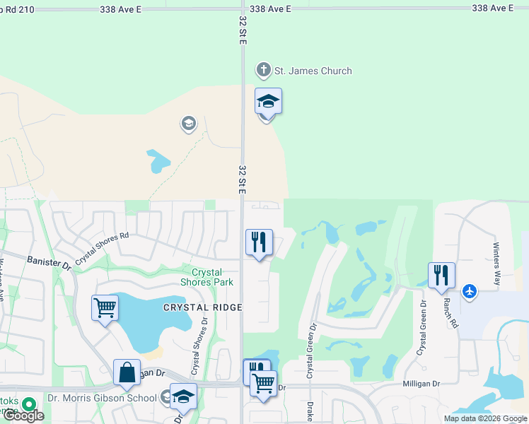 map of restaurants, bars, coffee shops, grocery stores, and more near 1 Crystal Green Lane in Okotoks