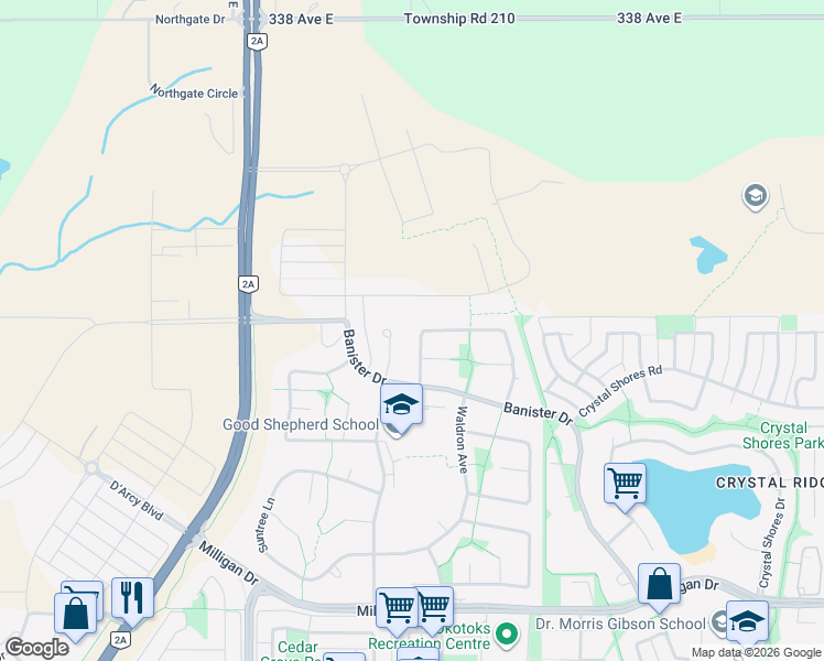 map of restaurants, bars, coffee shops, grocery stores, and more near 117 Carr Crescent in Okotoks