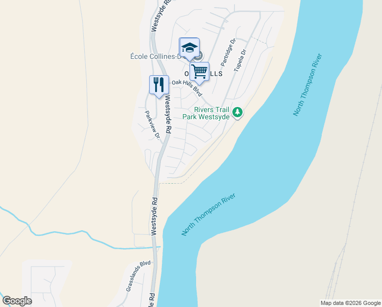 map of restaurants, bars, coffee shops, grocery stores, and more near 66 Oak Dale Way in Kamloops