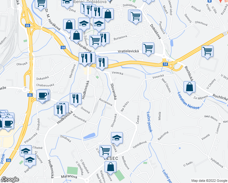 map of restaurants, bars, coffee shops, grocery stores, and more near 687 Slovanská in Liberec