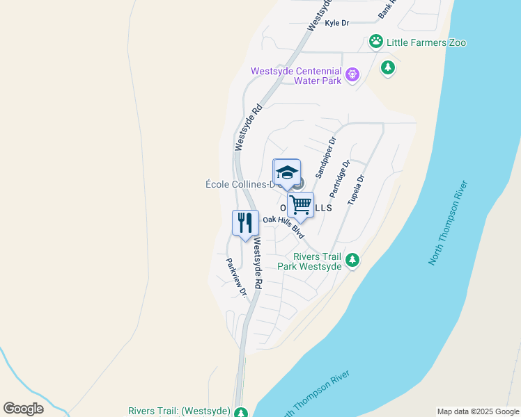 map of restaurants, bars, coffee shops, grocery stores, and more near 2410 Oak Hills Boulevard in Kamloops